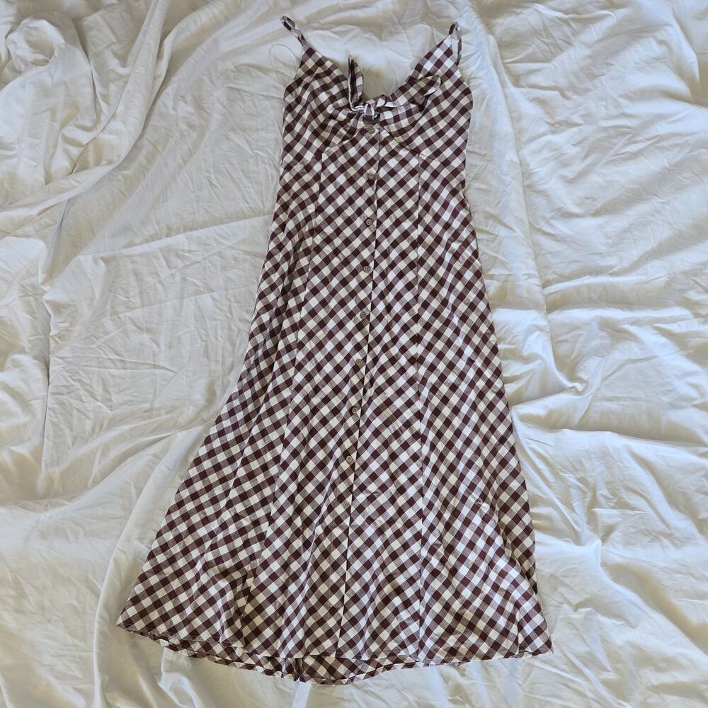 A New Day XS Brown White Gingham Sleeveless Long Sundress Straps Cotton